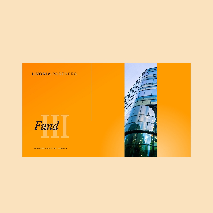 Livonia Partners Fund III cover with bold orange background and modern glass office building, reflecting growth-oriented investment strategy.